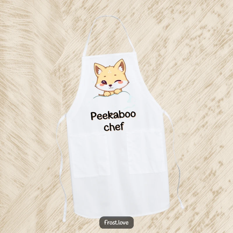 Funny Kawaii arctic fox winking while peeking from snowdrift apron, cute sly animal kitchenware, humorous cooking accessory.