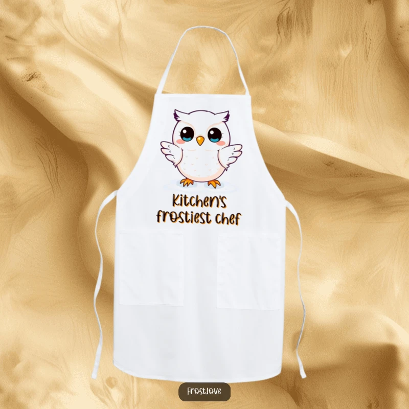 Funny apron showcasing a kawaii snow owl character gracefully catching snowflakes, perfect for adding cuteness to kitchen activities.