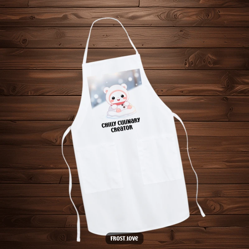 Funny apron showing a cute snow creature character happily rolling in the snow, adding a whimsical touch to kitchen duties.