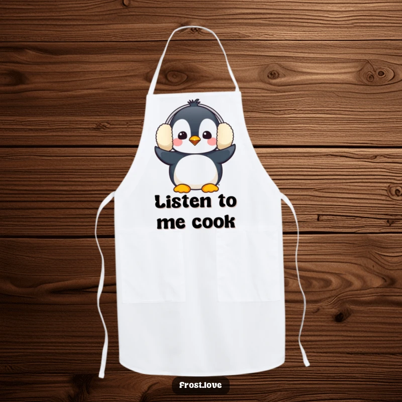 Funny Kawaii penguin comically wearing oversized earmuffs apron, cute winter bird kitchenware, humorous cooking accessory.