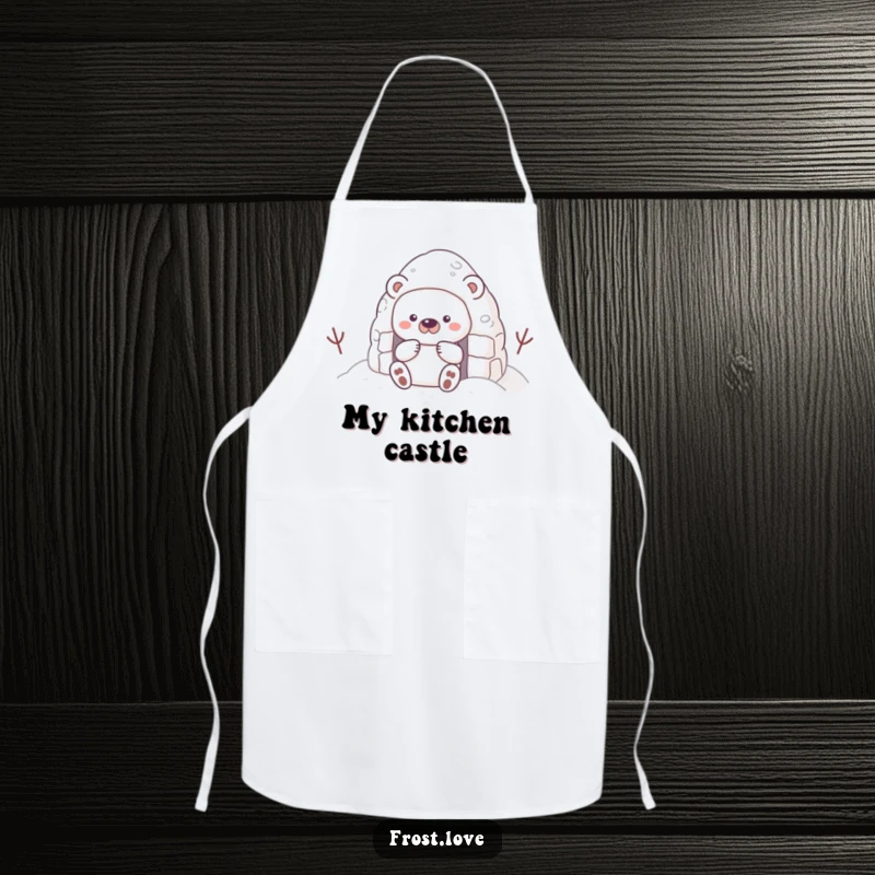 Funny apron showcasing a shy snow bear character building a snow fort, perfect for adding coziness to kitchen activities.