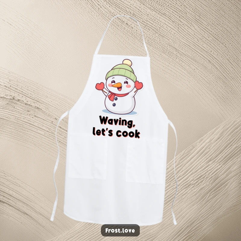 Funny Kawaii snowman with carrot nose happily waving apron, cute winter character kitchenware, humorous holiday accessory.
