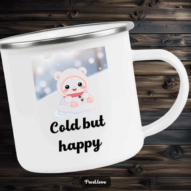 Funny camping mug featuring a cute snow creature character rolling through the snow, perfect for outdoor enthusiasts who love a laugh.