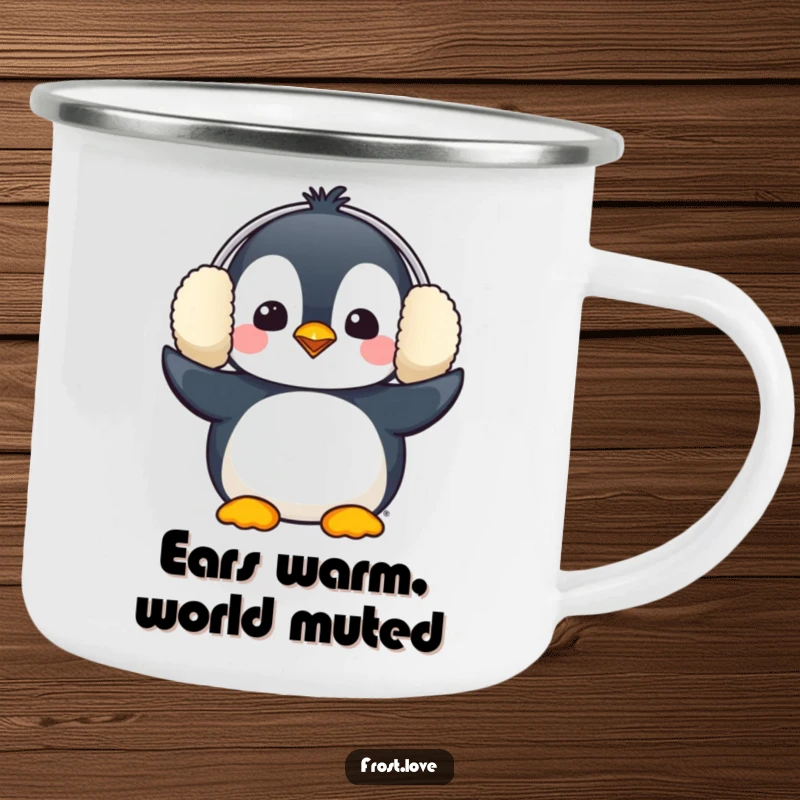 Funny Kawaii penguin comically wearing oversized earmuffs camping mug, cute winter bird drinkware, humorous outdoor gear.