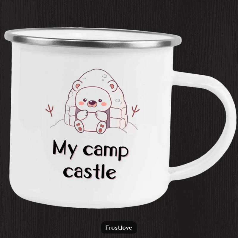 Funny camping mug featuring a shy snow bear character building a snow fort, perfect for outdoor enthusiasts who love cozy designs.