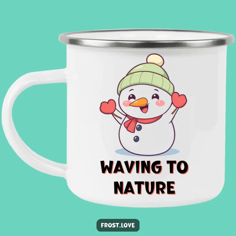 Funny Snowman Waving Camping Mug: Winter Friend Adventure Gift