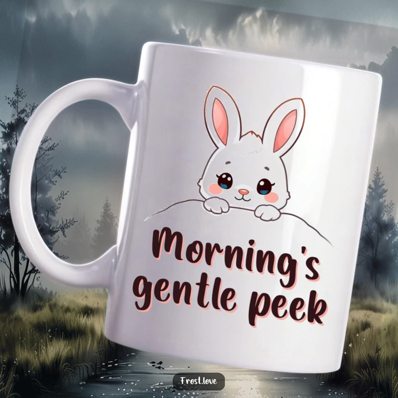 Funny mug featuring an adorable snow bunny character playfully peeking out from a snowdrift, embodying winter curiosity and cuteness.