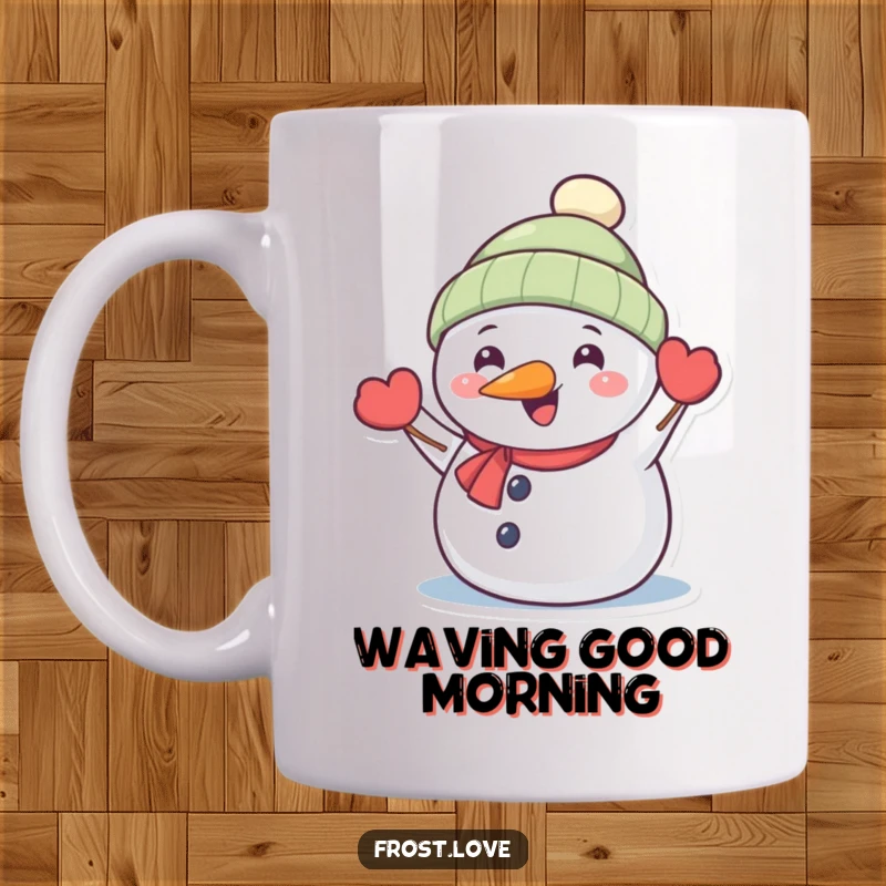 Funny Kawaii snowman with carrot nose happily waving, cute winter character mug, humorous holiday design.