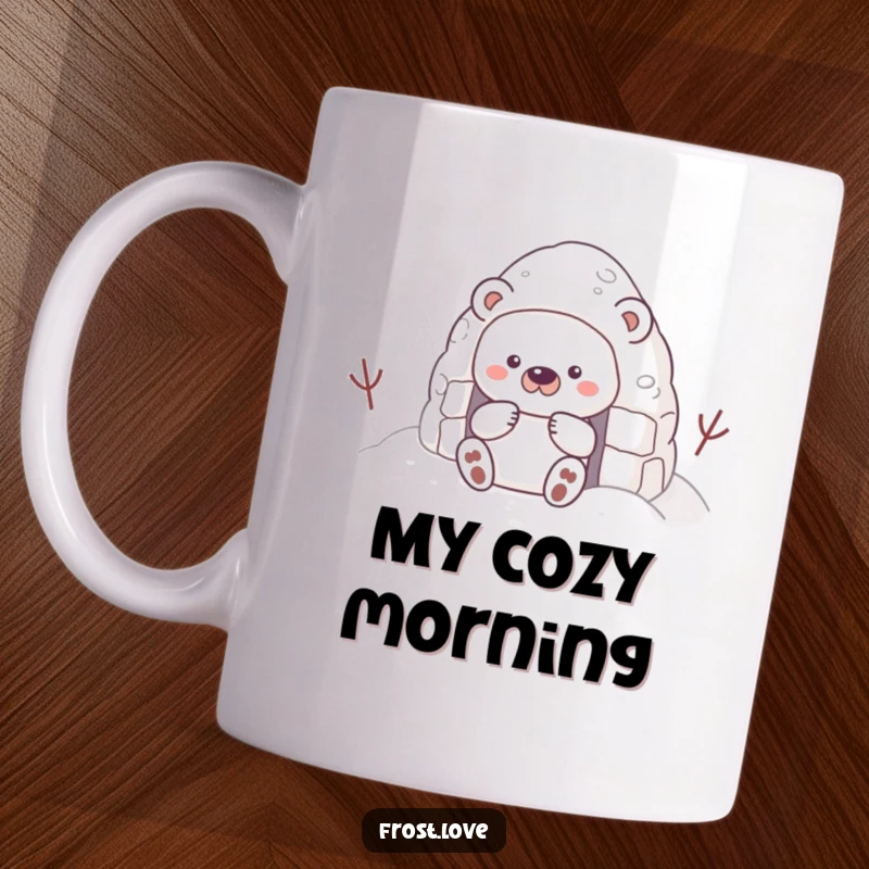 Funny mug featuring a shy snow bear character carefully building a tiny snow fort, embodying gentle creativity and winter coziness.