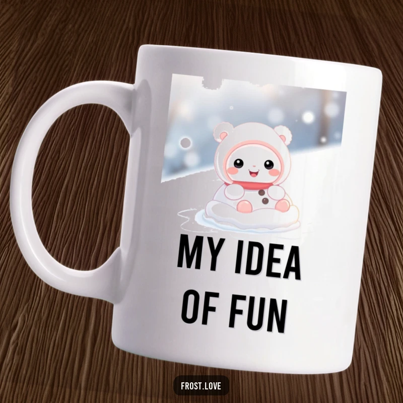 Funny mug featuring a cute snow creature character joyfully rolling down a snowy hill, embodying pure winter bliss and playful abandon.
