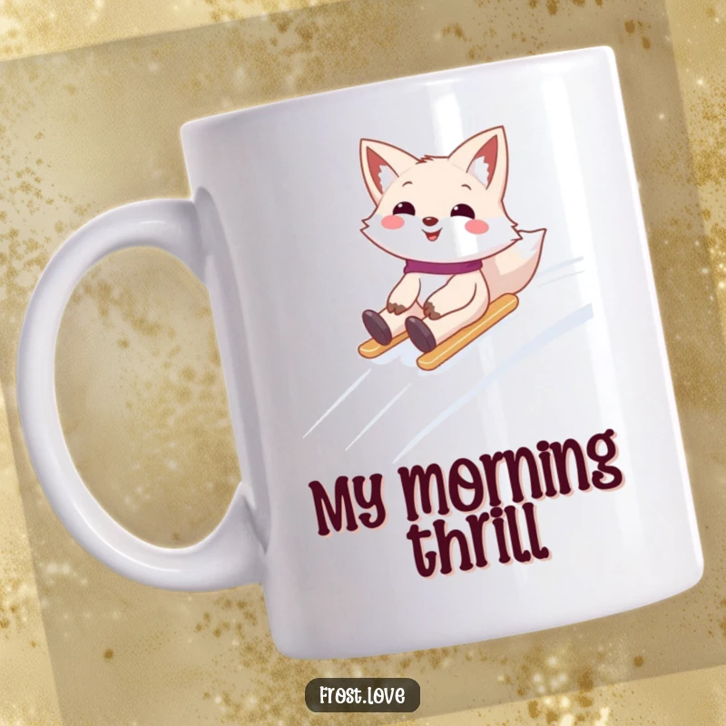 Funny mug featuring a smiling snow fox character gleefully sliding down a snowy hill, embodying pure winter joy and speed.