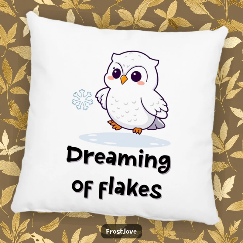 Funny Kawaii snowy owl playfully chasing a snowflake pillow, cute arctic bird cushion, humorous home decor.