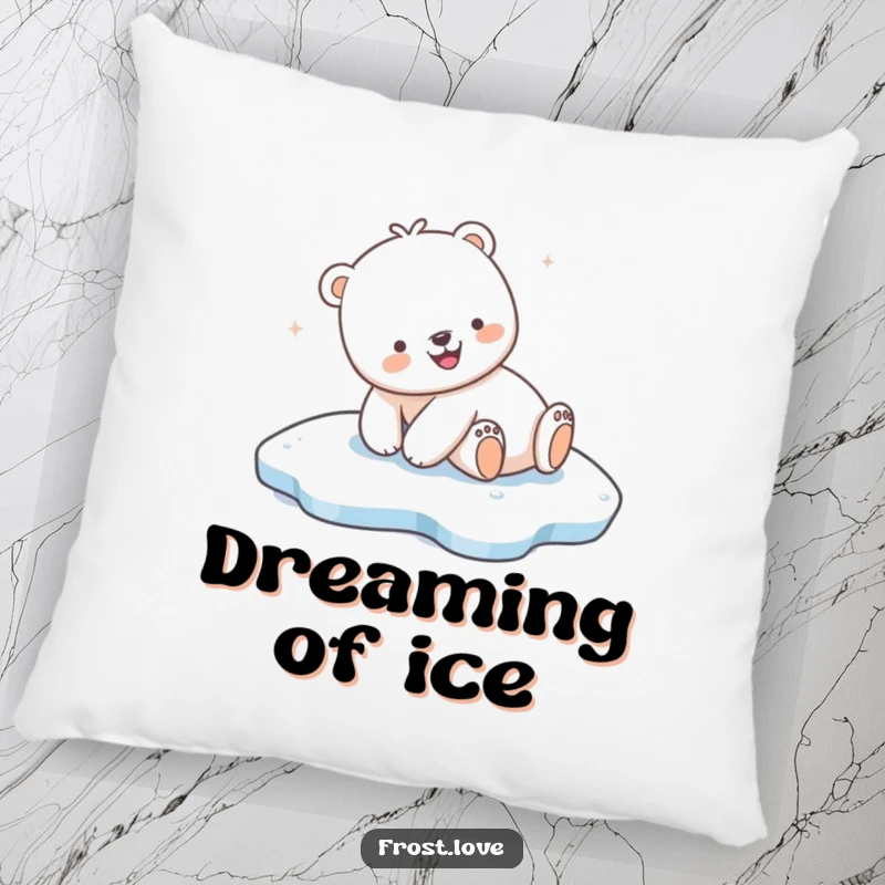 Funny Kawaii polar bear joyfully sliding on ice pillow, cute arctic animal cushion, humorous home decor.