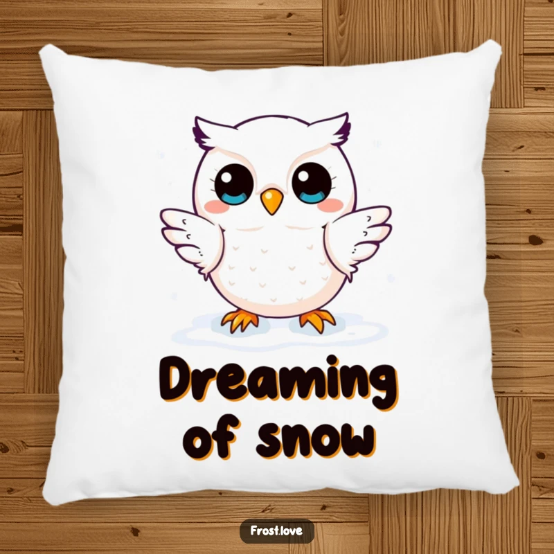 Funny pillow featuring a cute kawaii snow owl character catching snowflakes, offering plush comfort and a touch of winter magic.