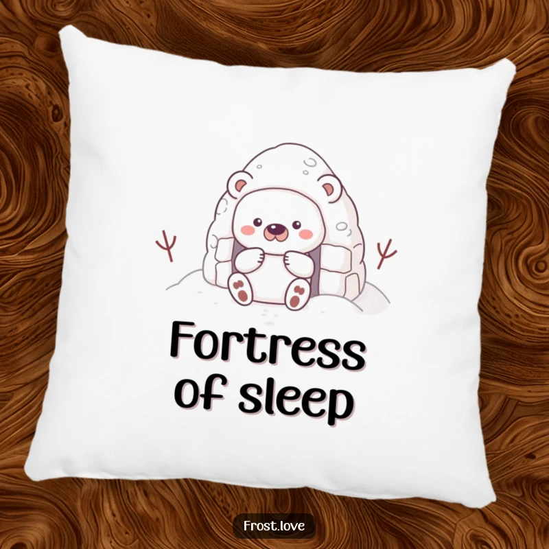Funny pillow featuring a shy snow bear character building a snow fort, offering plush comfort and a touch of winter creativity.
