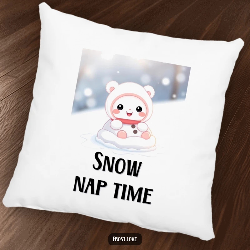 Funny pillow featuring a cute snow creature character enjoying a playful roll in the snow, offering comfort and winter-themed joy.