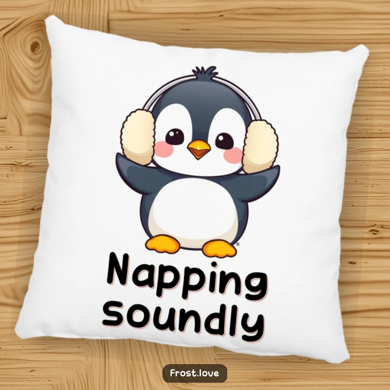 Funny Kawaii penguin comically wearing oversized earmuffs pillow, cute winter bird cushion, humorous home decor.