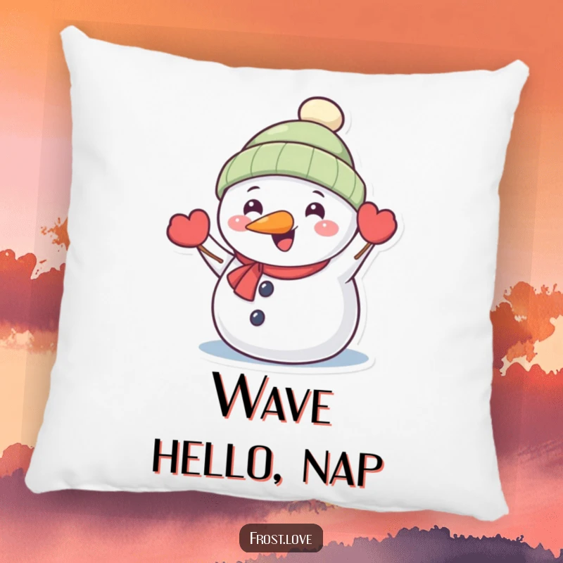 Funny Kawaii snowman with carrot nose happily waving pillow, cute winter character cushion, humorous holiday decor.