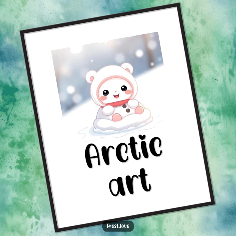 Funny digital art print of a cute snow creature character joyfully rolling in snow, capturing the essence of winter fun and happiness.