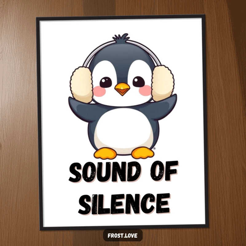 Funny Kawaii penguin comically wearing oversized earmuffs digital art print, cute winter bird illustration, humorous decor.