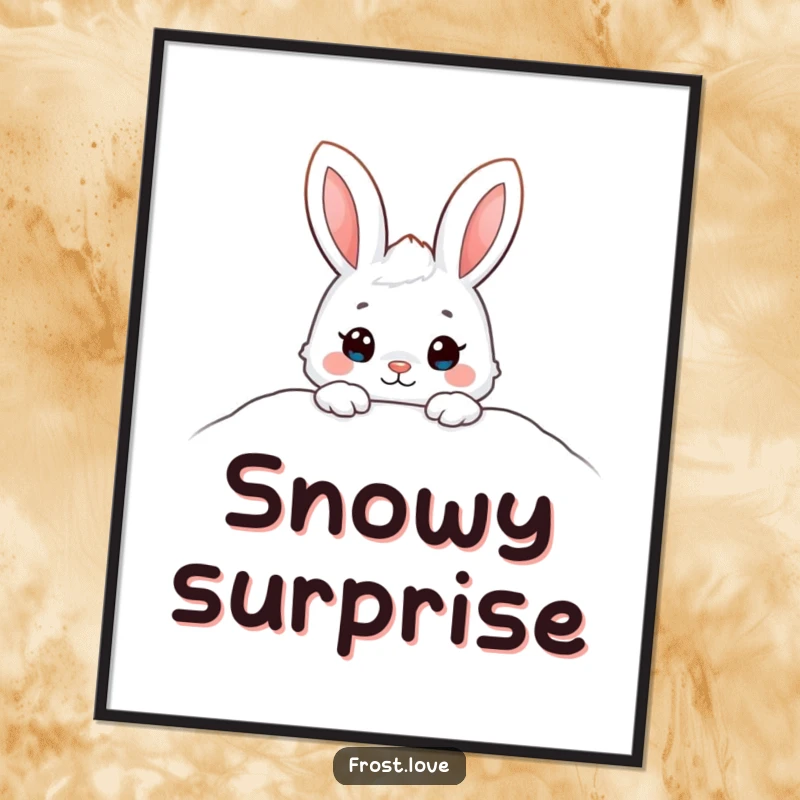 Funny digital art print of an adorable snow bunny character peeking from a snowdrift, capturing winter's gentle charm and cuteness.