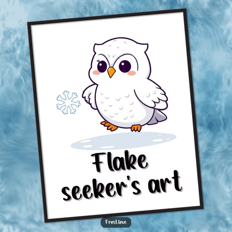 Funny Kawaii snowy owl playfully chasing a snowflake digital art print, cute arctic bird illustration, humorous decor.