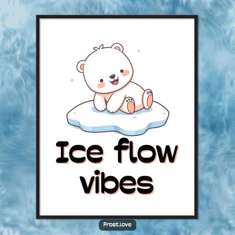 Funny Kawaii polar bear joyfully sliding on ice digital art print, cute arctic animal illustration, humorous decor.