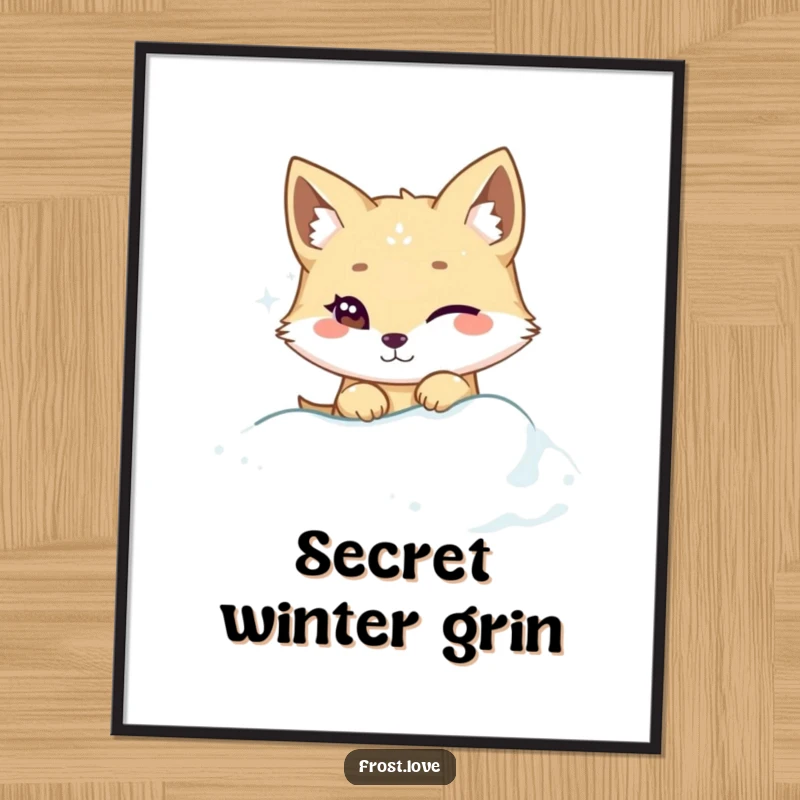 Funny Kawaii arctic fox winking while peeking from snowdrift digital art print, cute sly animal illustration, humorous decor.