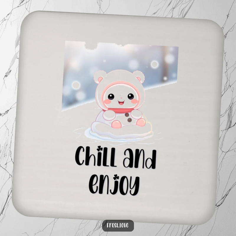 Funny drink coasters featuring a cute snow creature character rolling in snow, ideal for adding humor to any beverage setting.