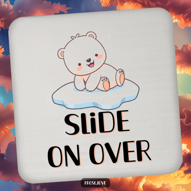 Funny Kawaii polar bear joyfully sliding on ice drink coaster, cute arctic animal home accessory, humorous protector.