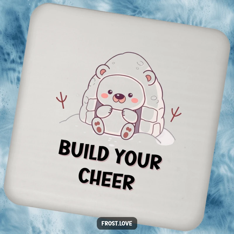 Funny drink coasters with a shy snow bear character building a snow fort, ideal for adding cozy winter charm.