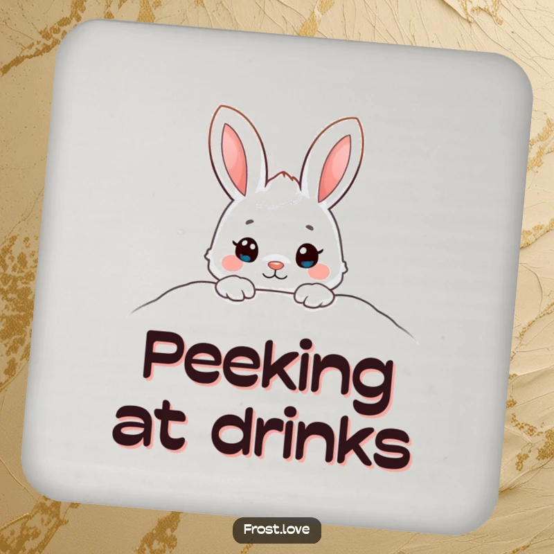 Funny drink coasters with an adorable snow bunny character peeking from a snowdrift, ideal for adding cute winter charm.