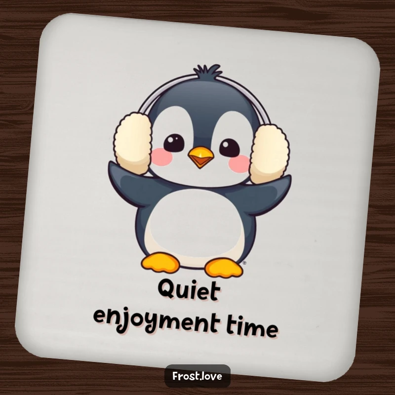 Funny Kawaii penguin comically wearing oversized earmuffs drink coaster, cute winter bird accessory, humorous protector.