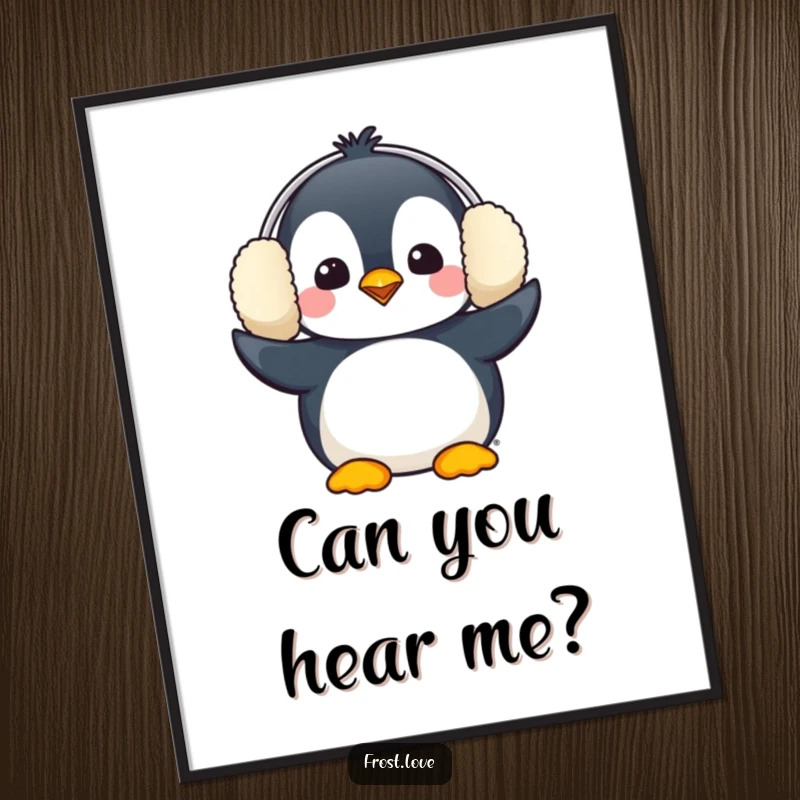 Funny Kawaii penguin comically wearing oversized earmuffs poster, cute winter bird illustration, humorous wall decor.