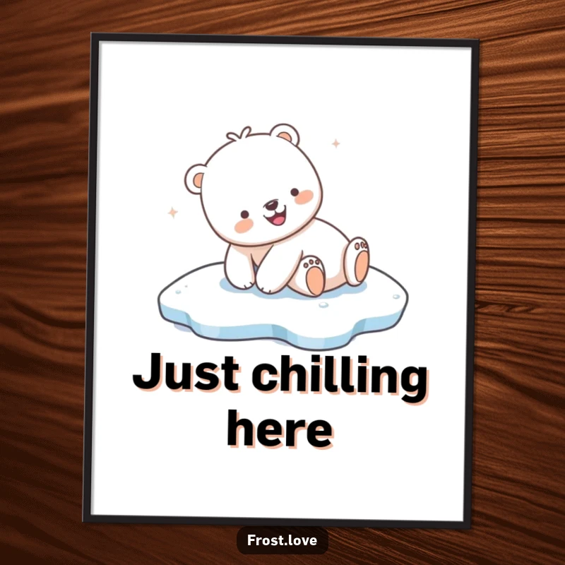 Funny Kawaii polar bear joyfully sliding on ice poster, cute arctic animal wall art, humorous decoration.