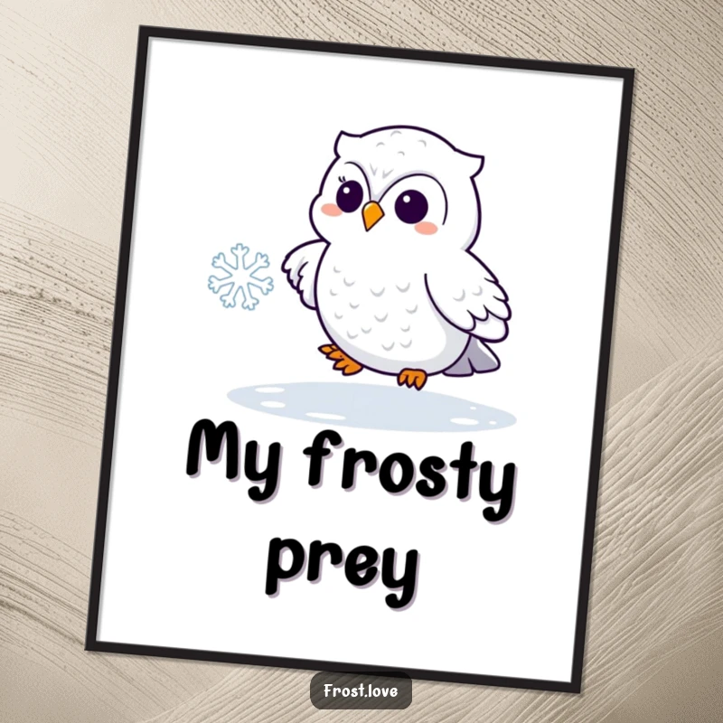 Funny Kawaii snowy owl playfully chasing a snowflake poster, cute arctic bird wall art, humorous winter decor.