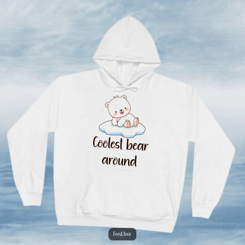 Funny Kawaii polar bear joyfully sliding on ice hoodie, warm arctic animal apparel, humorous winter wear.