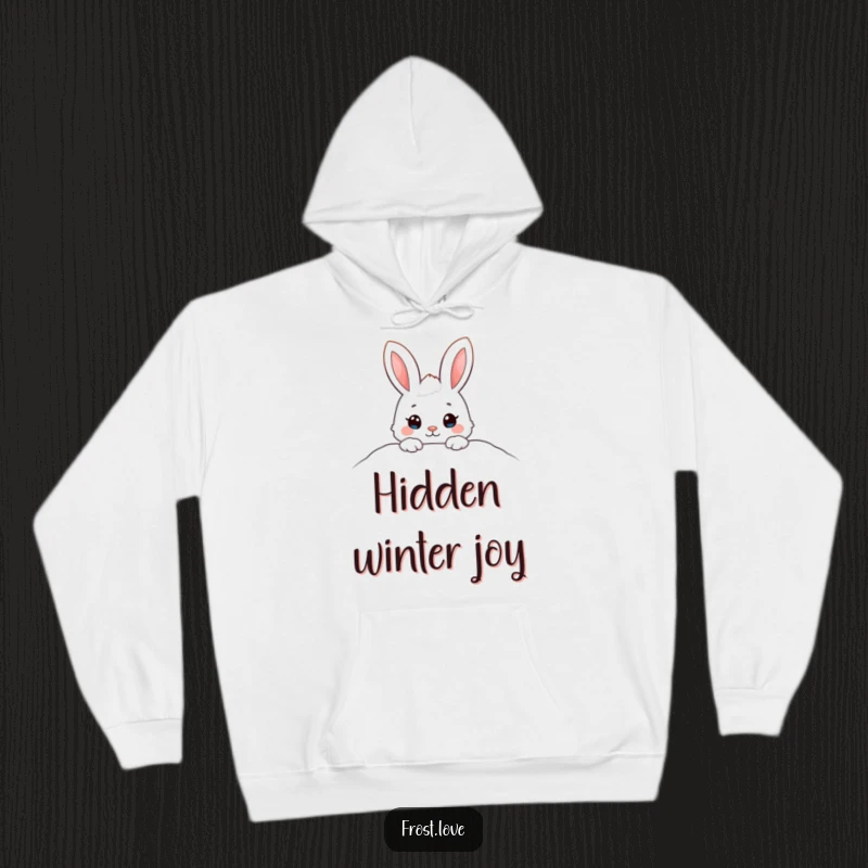 Funny hoodie featuring a cute snow bunny peeking from a snowdrift, offering cozy warmth and a touch of playful winter magic.