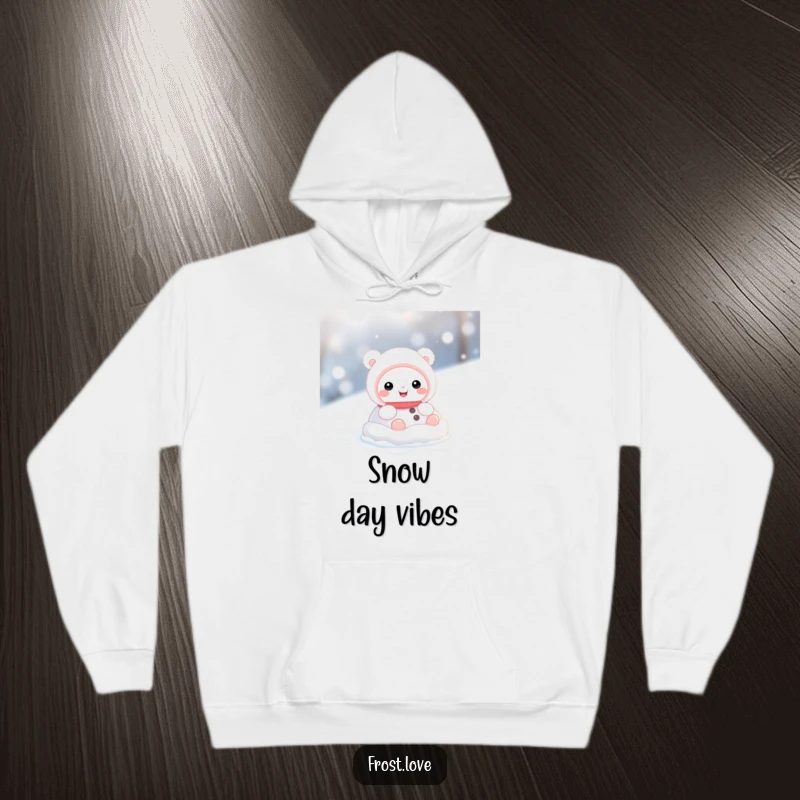 Funny hoodie depicting a cuddly snow creature character happily rolling around in a snowy landscape, exuding warmth and mirth.