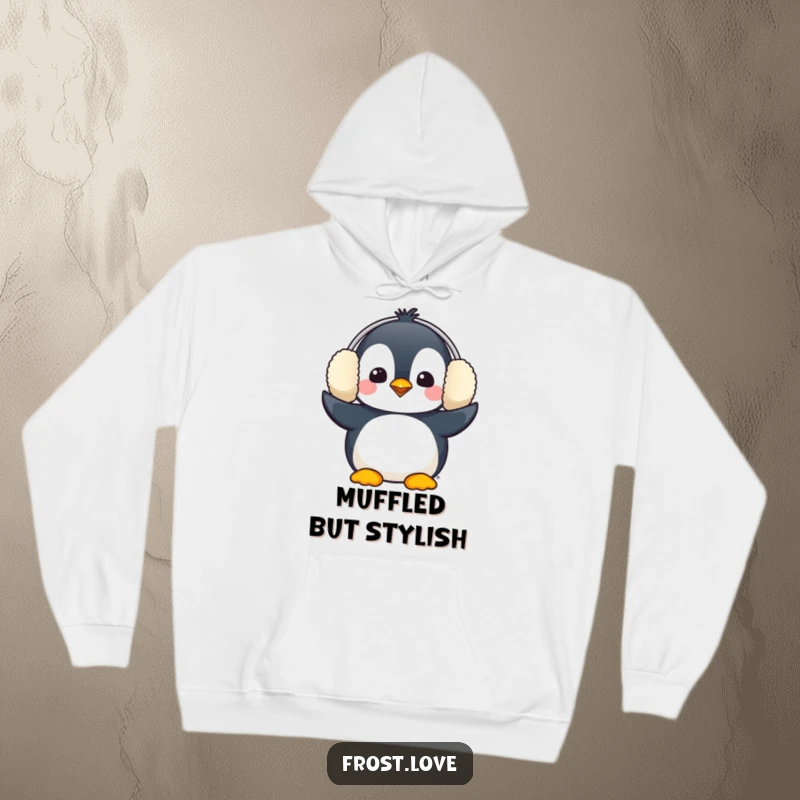Funny Kawaii penguin comically wearing oversized earmuffs hoodie, cute winter bird clothing, humorous comfort wear.