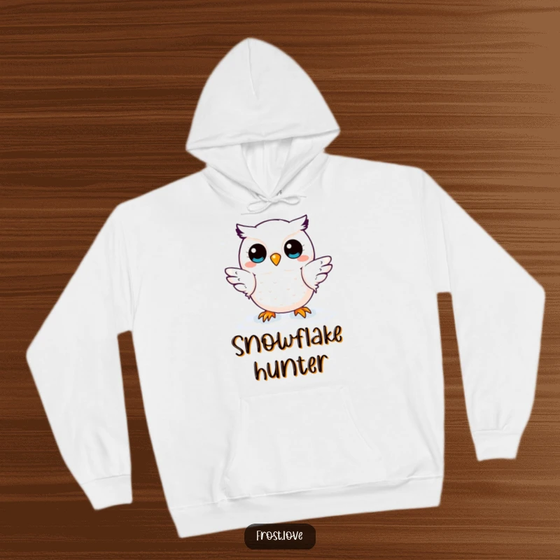 Funny hoodie with an endearing kawaii snow owl character gracefully catching snowflakes, offering warmth and whimsical delight.