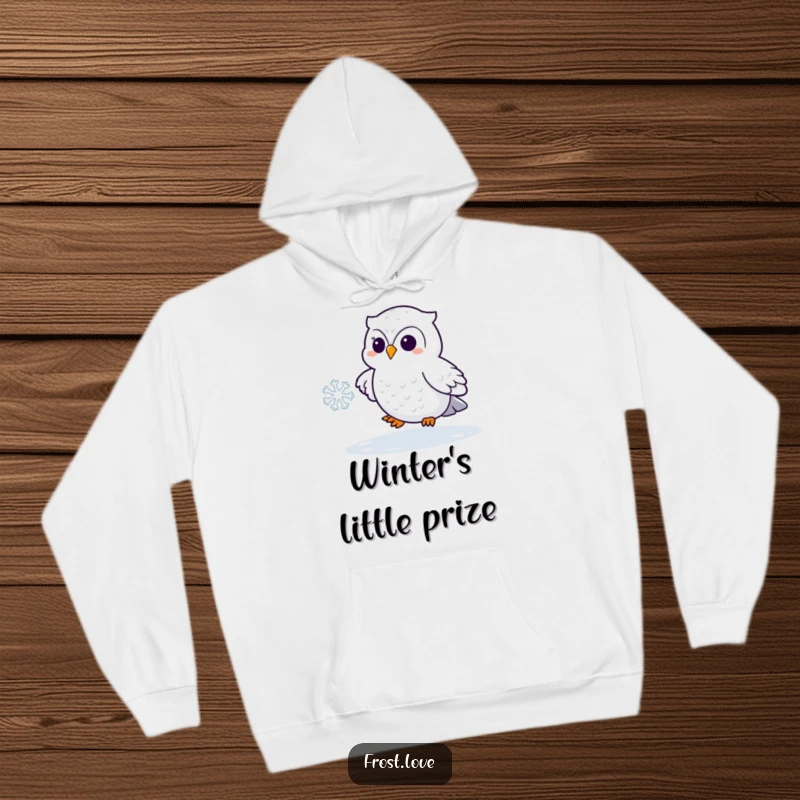 Funny Kawaii snowy owl playfully chasing a snowflake hoodie, cute arctic bird clothing, humorous comfort wear.