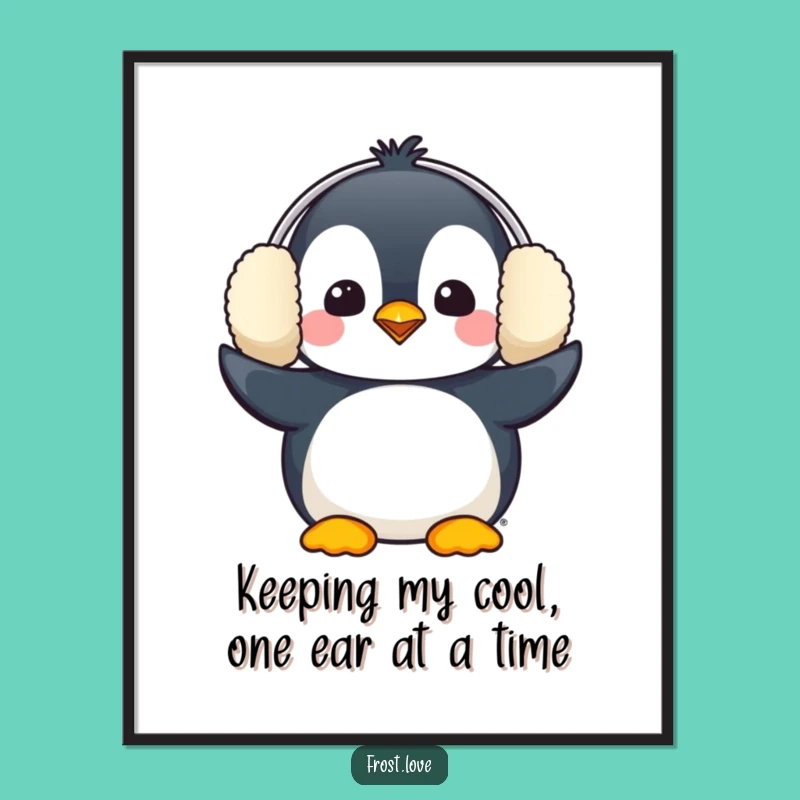 Free Printable Wall Art: Comical Kawaii Penguin with Earmuffs!