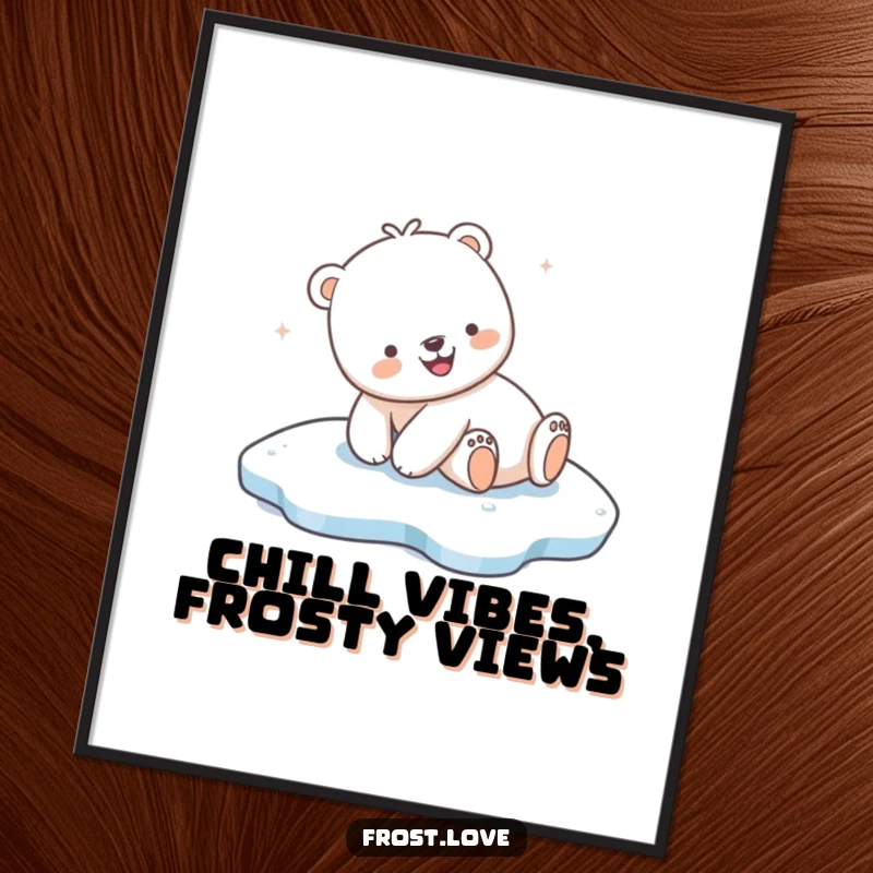 Funny Free Printable Wall Art: Kawaii polar bear joyfully sliding on a smooth ice patch, cute decor.