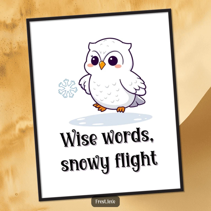 Funny Free Printable Wall Art: Kawaii snowy owl playfully chasing a snowflake, cute winter decor.