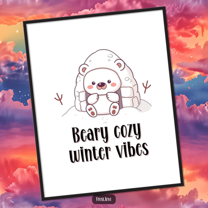 Funny Free Printable Wall Art: A shy snow bear diligently building a tiny snow fort, creating a scene of quiet winter activity and warmth.
