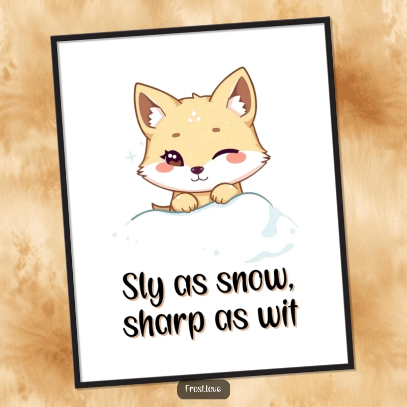 Funny Free Printable Wall Art: Kawaii arctic fox winking while peeking from snowdrift, quirky decor.