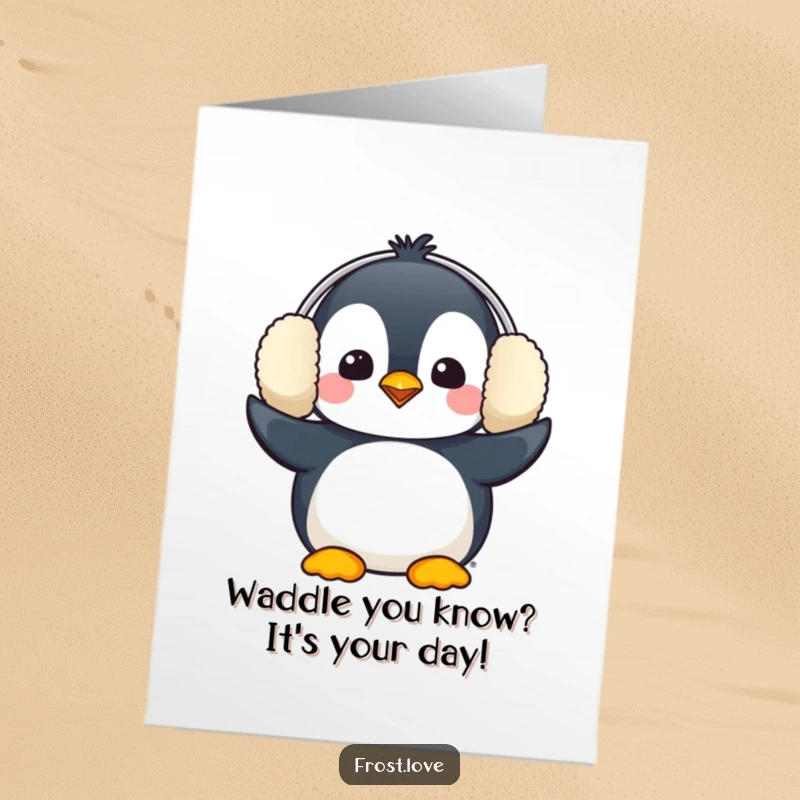 Funny Free Printable Birthday Card: Kawaii penguin wearing oversized earmuffs, expressing birthday joy.