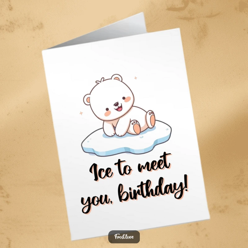 Funny Free Printable Birthday Card: Kawaii polar bear joyfully sliding on ice, bringing smiles.