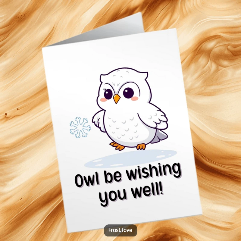 Funny Free Printable Birthday Card: Kawaii snowy owl playfully chasing a snowflake, winter cheer.